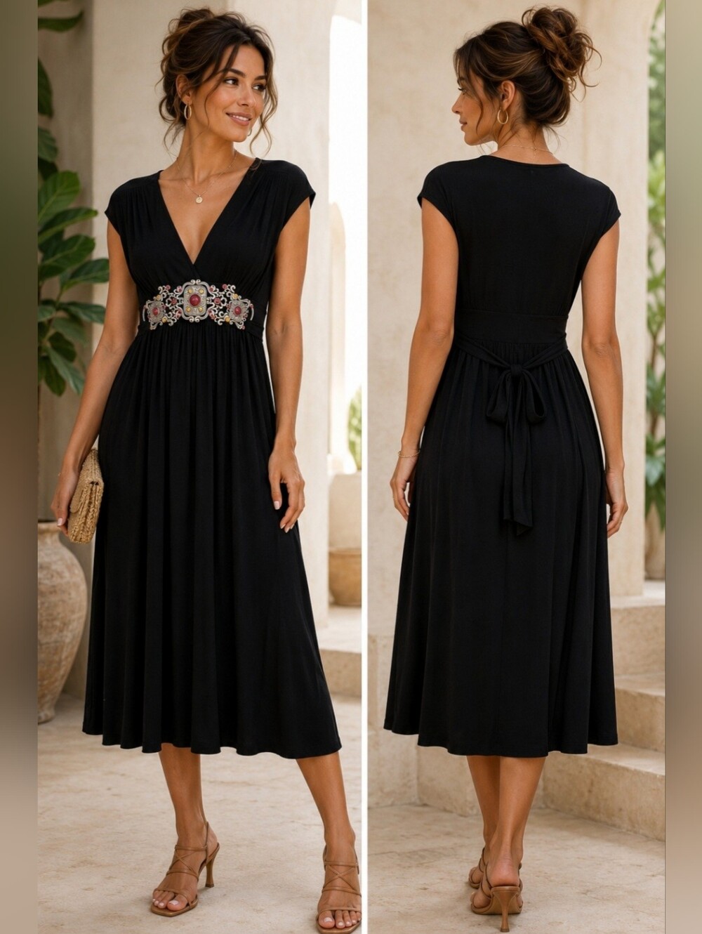 Love & Love Black Empire Waist Dress Jeweled Boho Midi Dress Size L